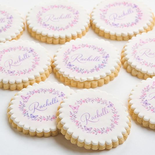 Personalized Round Scalloped Floral Wreath Cookies (Style 114)