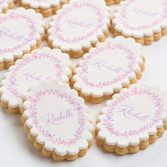 Personalized Oval Scalloped Floral Wreath Cookies (Style 113)